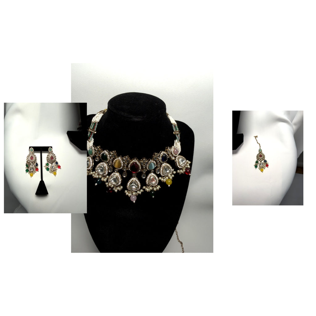 Royal Multicolor Kundan Bridal Choker Set with Earrings & Maang Tikka