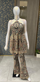 Indo Western Halter Neck Top With Flared Pant Cut Work