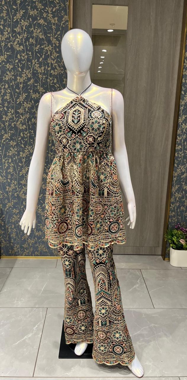 Indo Western Halter Neck Top With Flared Pant Cut Work