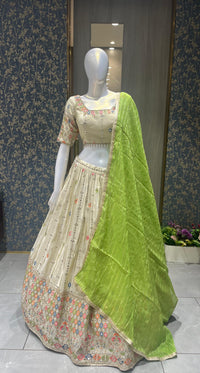 Cream/off white Lehenga Choli With Embroidery on Tissue Silk