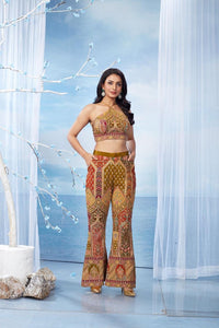 Backless Halter Co-ord Set  Short Choli With Pant Crepe Silk
