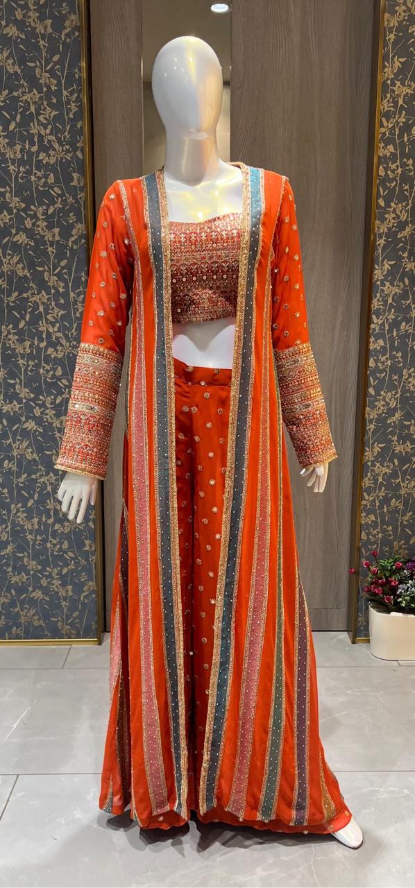 Indo Western - Rust orange Long Jacket With Palazzo