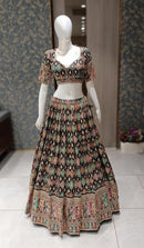 Deep Navy Blue - Ghagra Choli Machine Embroidery