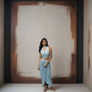 Sky Blue two piece Indo-western choli with handwork and drape skirt