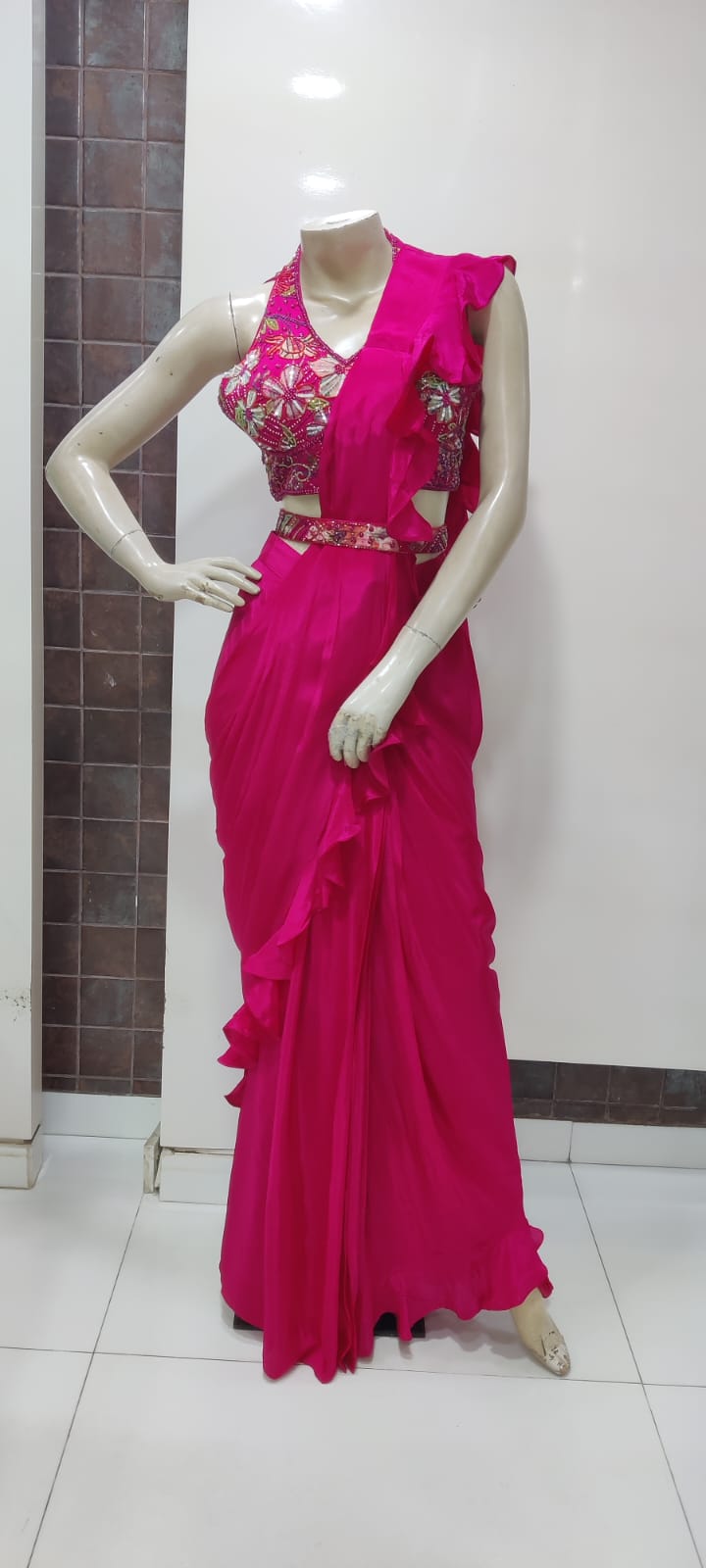 Bright pink designer drape saree spegetti choli hand work , Indo Western
