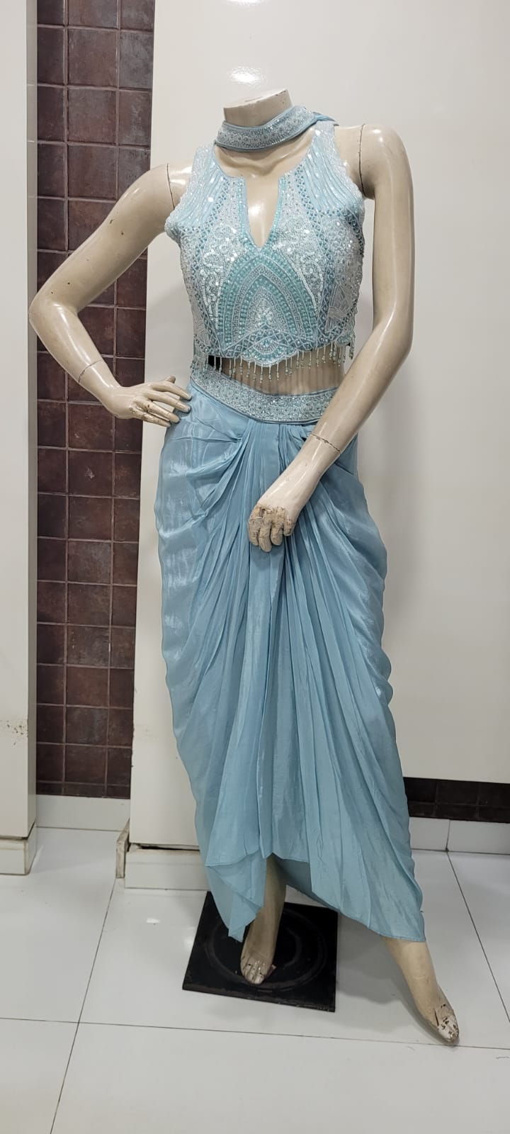 Sky Blue two piece Indo-western choli with handwork and drape skirt