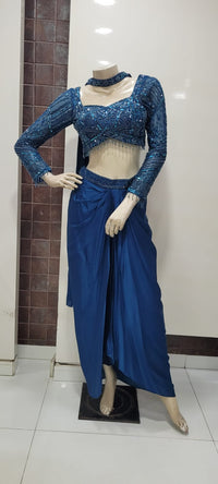 Teal Blue Indo-Western Full Sleeves Handwork Choli Tulip Skirt style