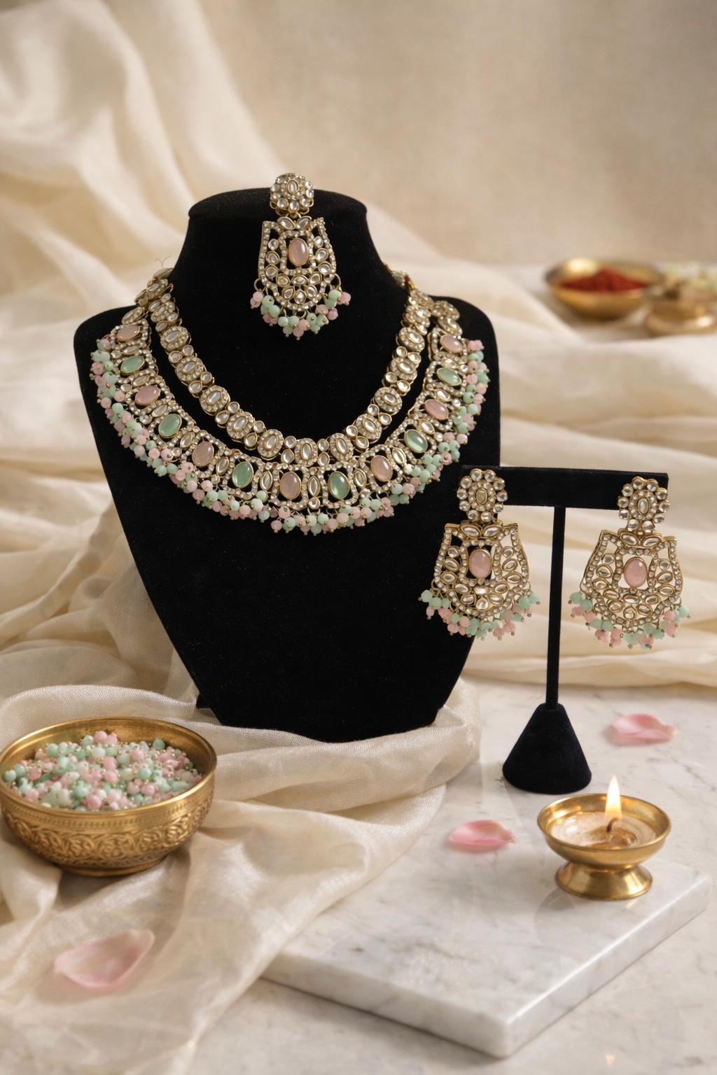 Pastel Kundan Necklace Set with Mint & Blush Bead Drops