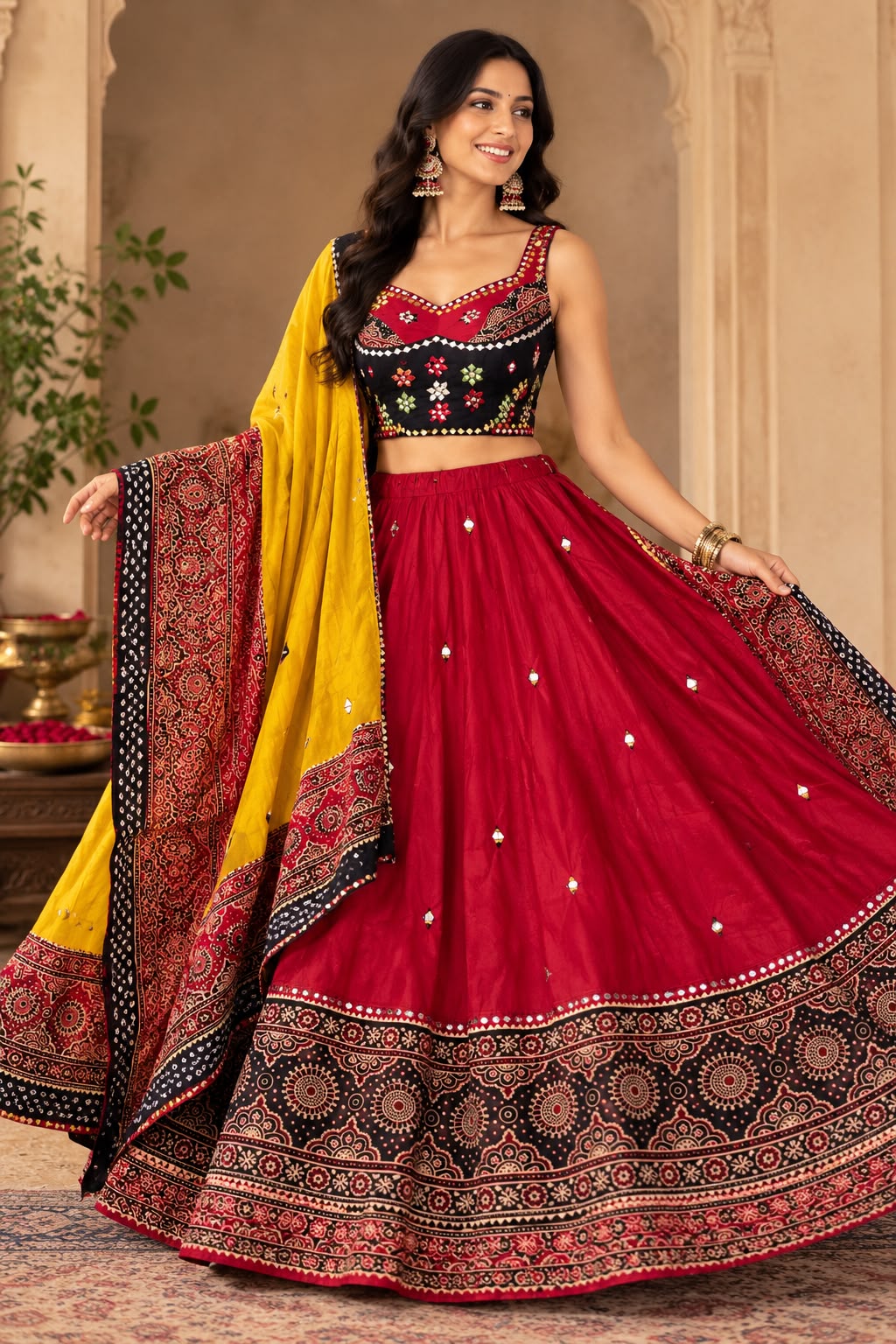 Seasonal Navratri Special – Red Chaniya Choli Set with Yellow Dupatta