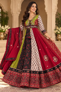 Seasonal Navratri Special – Multicolor Paneled Chaniya Choli Set with Red Dupatta