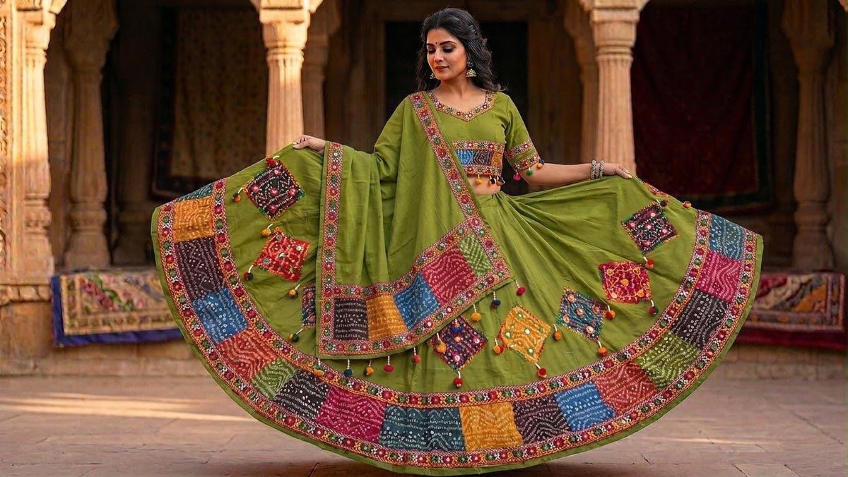 Traditional Olive Green Patchwork & Mirror Work Chaniya Choli Set (Navratri / Festive Collection)