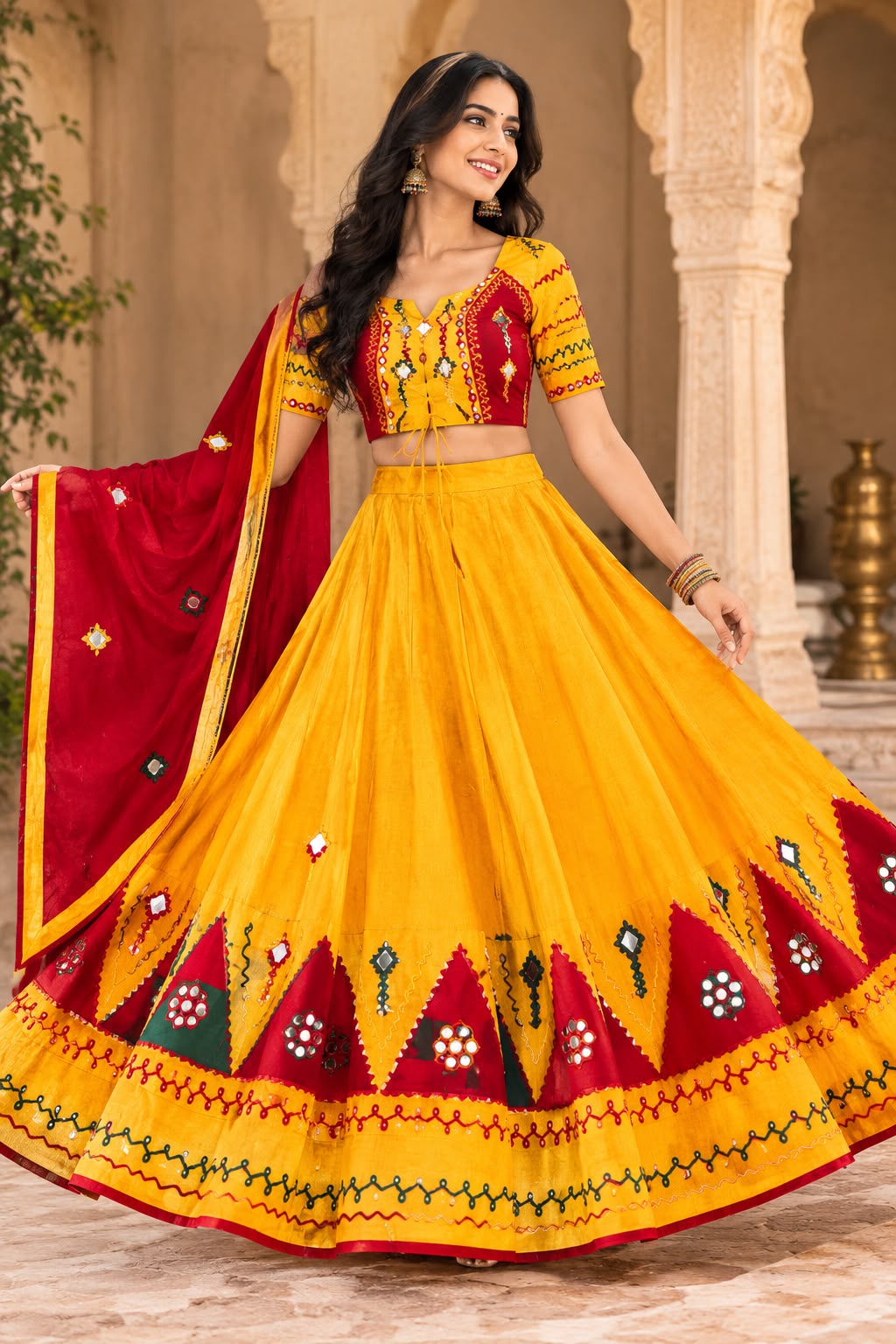 Seasonal Navratri Special – Yellow Chaniya Choli Set with Red Dupatta