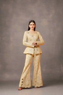 Golden/Beige Koti Set with Bell-Bottom Cut Work, Zari and Sequin Embroidery