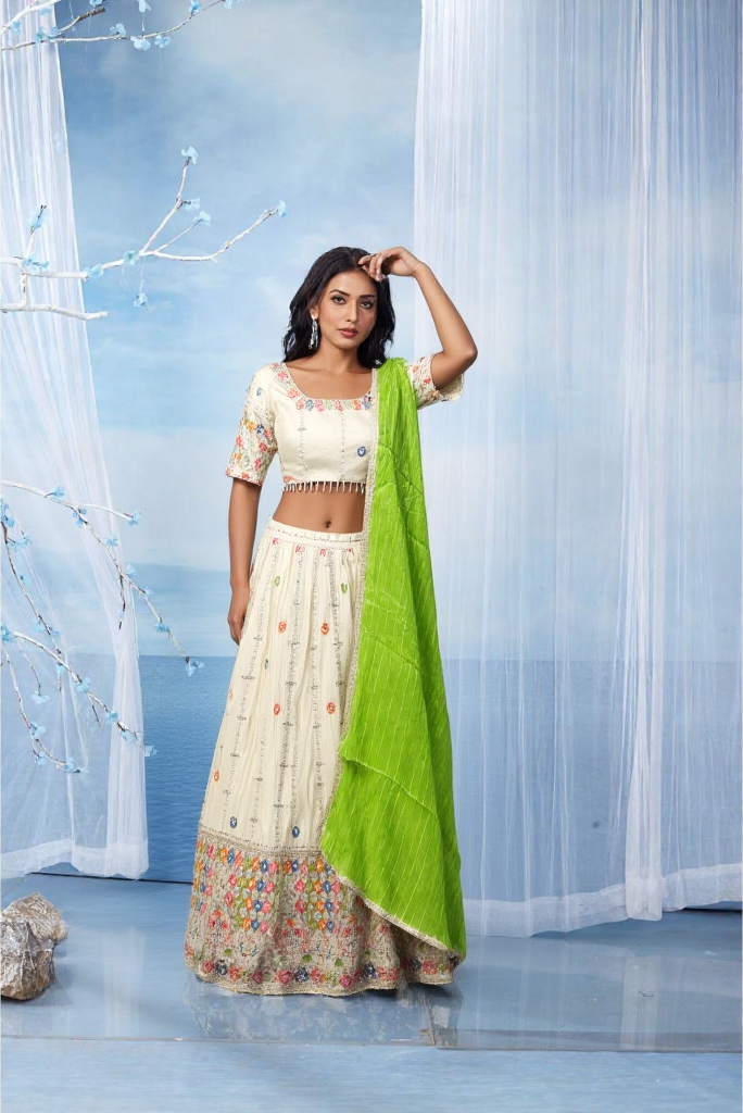 Cream/off white Lehenga Choli With Embroidery on Tissue Silk