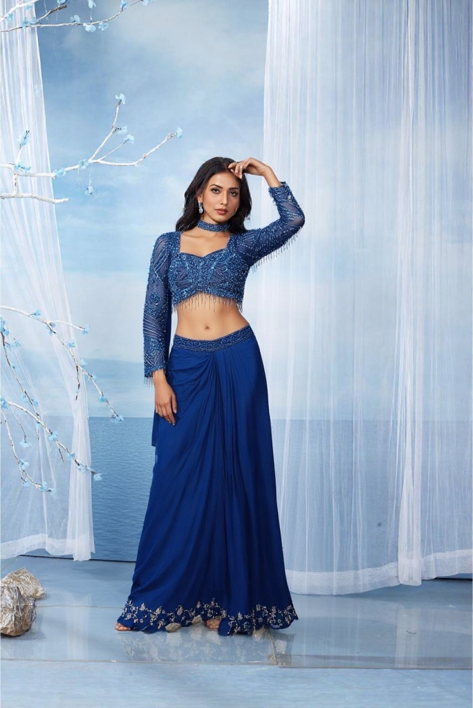 Teal Blue Indo-Western Full Sleeves Handwork Choli Tulip Skirt style