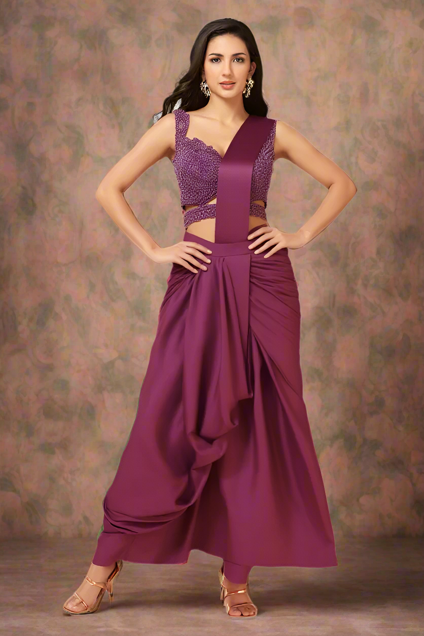 Wine Indo-Western Saree with Beadwork, Sequins Hand work