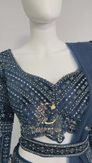 Midnight Blue Velvet All-Over Stone & Mirror Work Bridal Cocktail Lehenga Choli Set