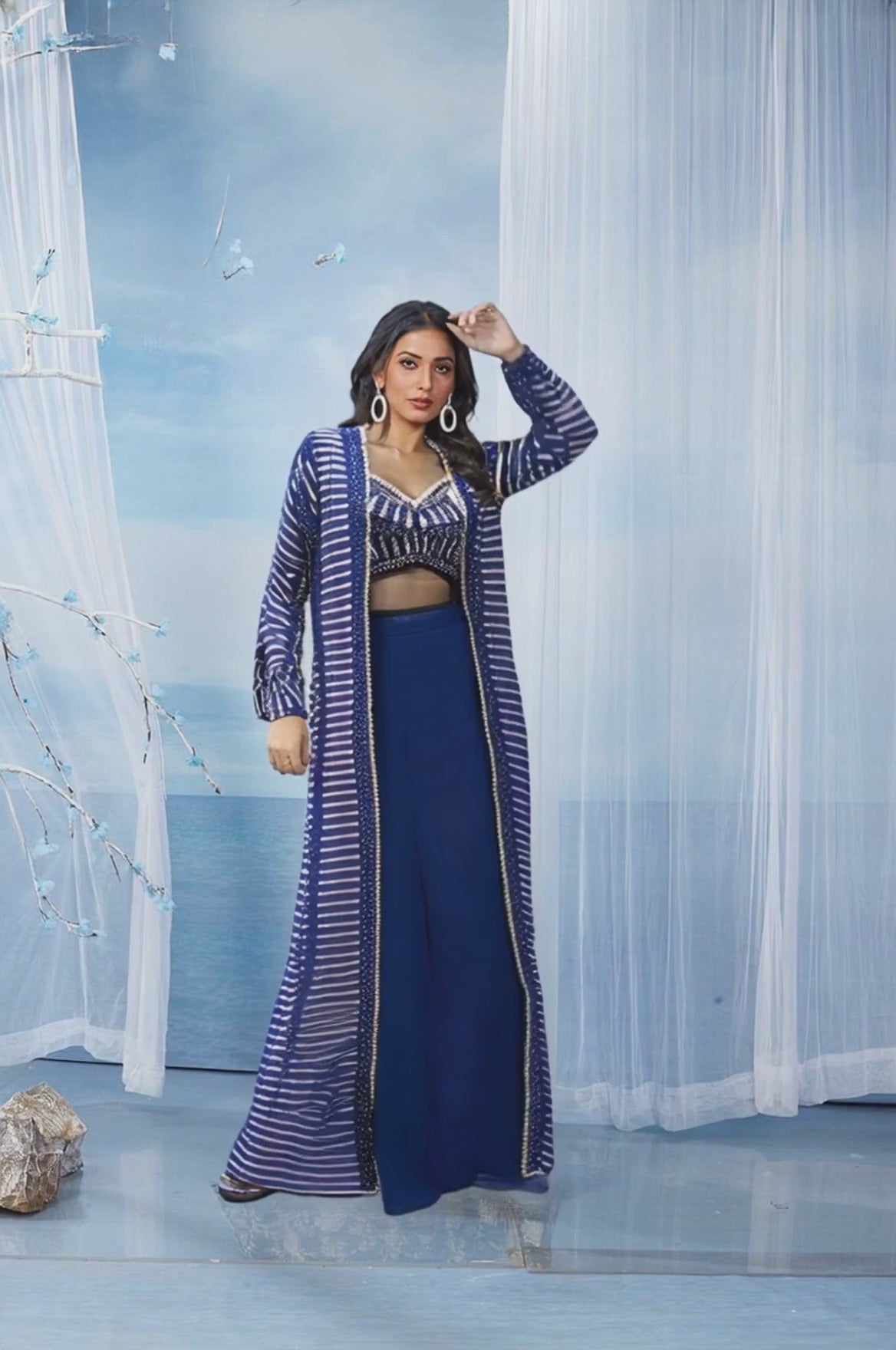 Indigo Fusion Set Long Jacket with Palazzo Batik Print