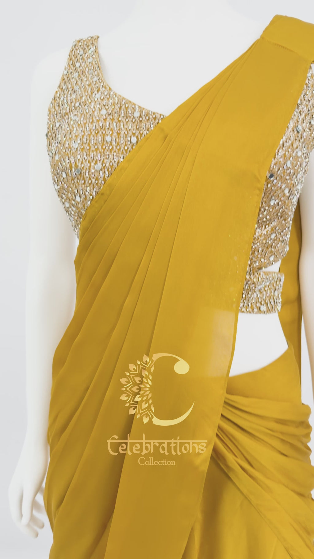 Ready to weare saree satin crape Timeless Mustard Chinon Saree L