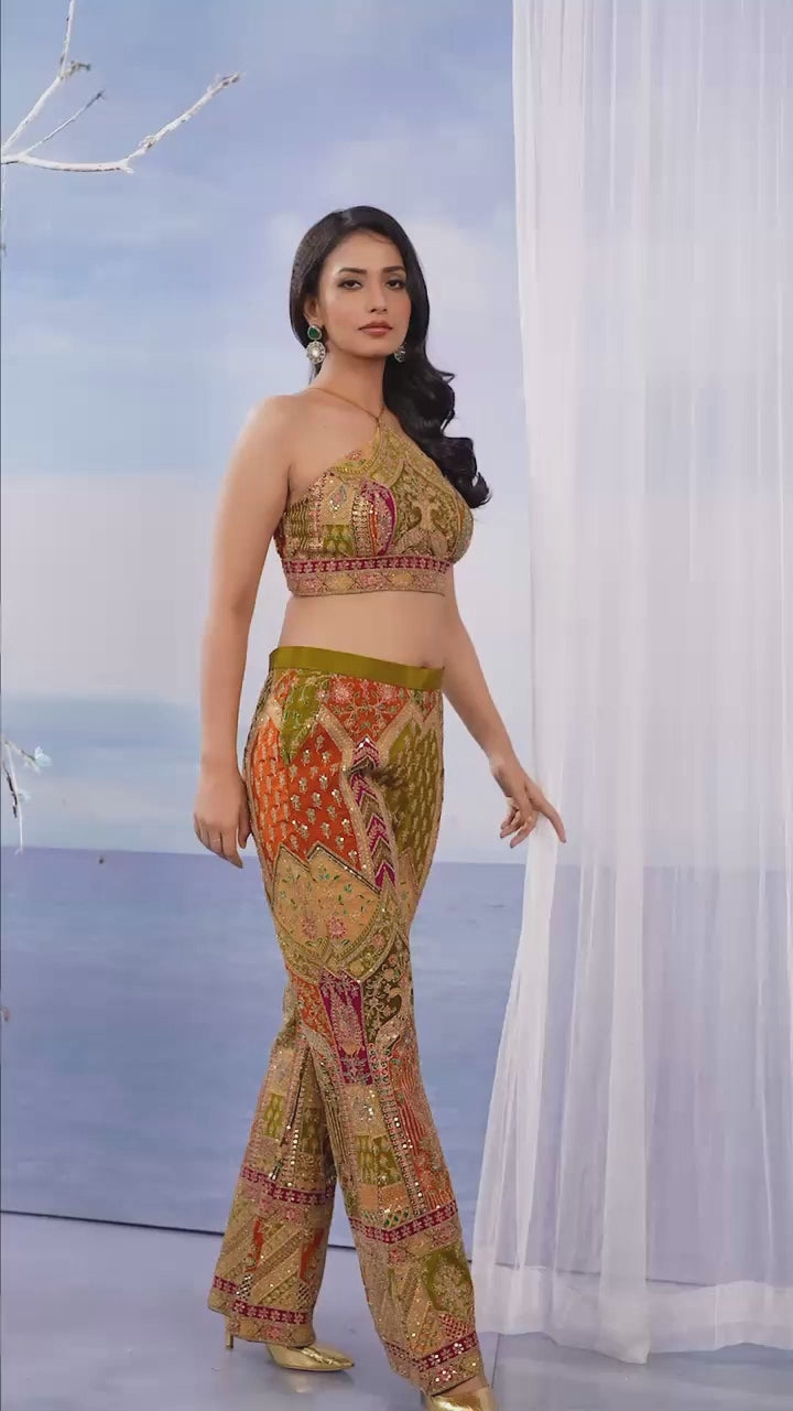 Backless Halter Co-ord Set  Short Choli With Pant Crepe Silk