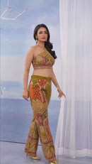 Backless Halter Co-ord Set  Short Choli With Pant Crepe Silk