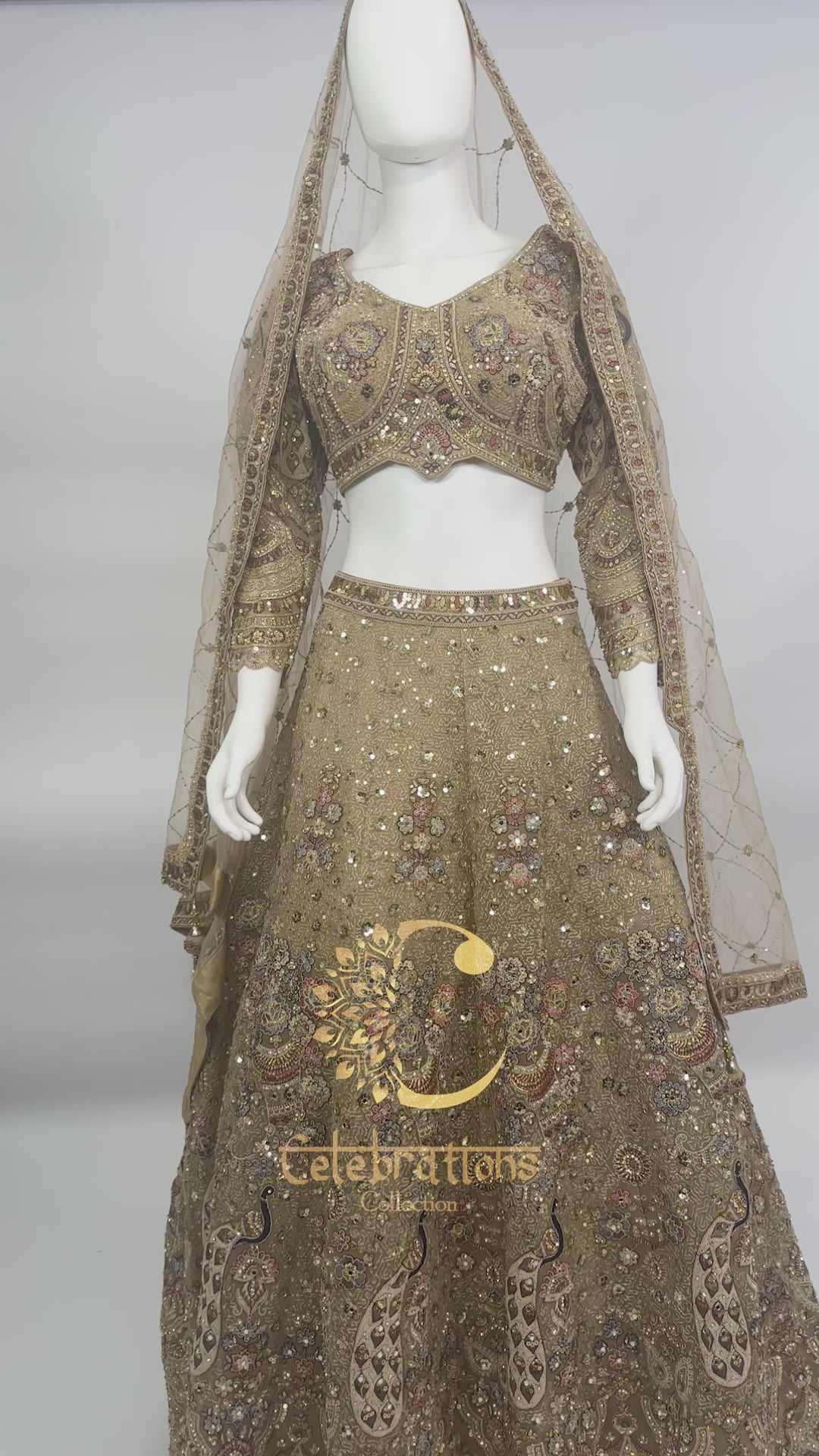 Antique Gold Soft Net Bridal Lehenga Choli with Heavy Embroidery & Dupatta
