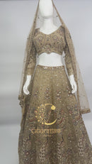 Antique Gold Soft Net Bridal Lehenga Choli with Heavy Embroidery & Dupatta