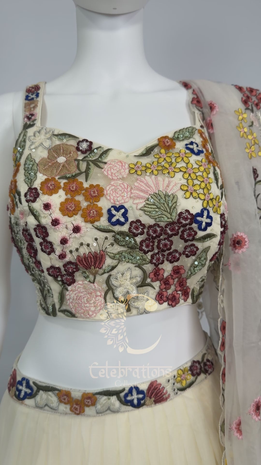 Ivory Floral Viscose Organza Embroidered Lehenga Choli Set with Dupatta – Mehendi & Festive Wear