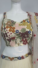 Ivory Floral Viscose Organza Embroidered Lehenga Choli Set with Dupatta – Mehendi & Festive Wear