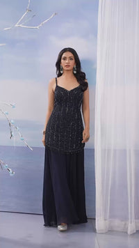 Black bead embroidery spaghetti top and palazzo