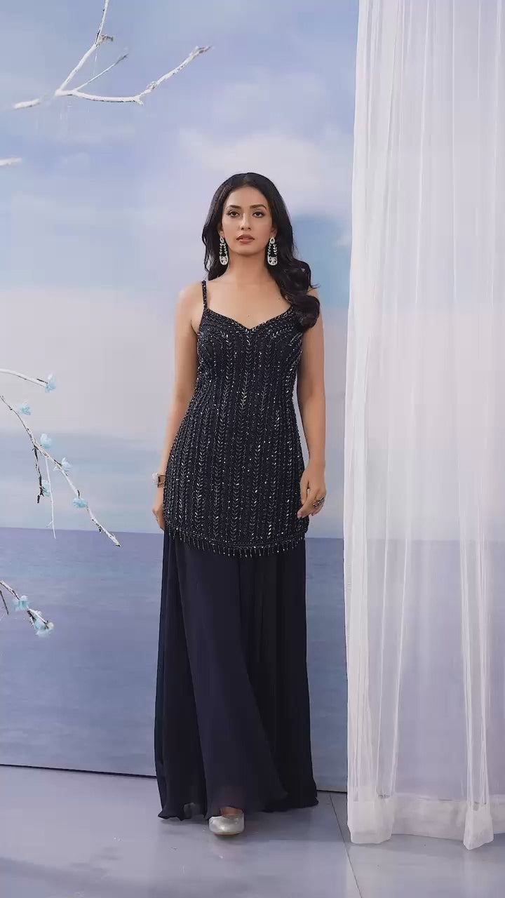 Black bead embroidery spaghetti top and palazzo