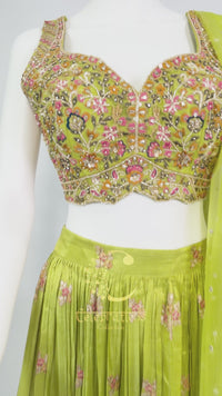 Olive Green Tissue Handwork Lehenga Choli Set with Dupatta – Festive & Wedding Wear