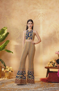 Peacock Blue Indo Western co-ord set Choli & Pant with Posh Print