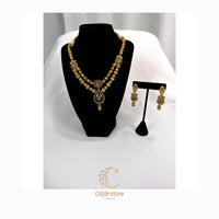 Antique Temple Gold Necklace Set with Green Pendant & Matching Earrings