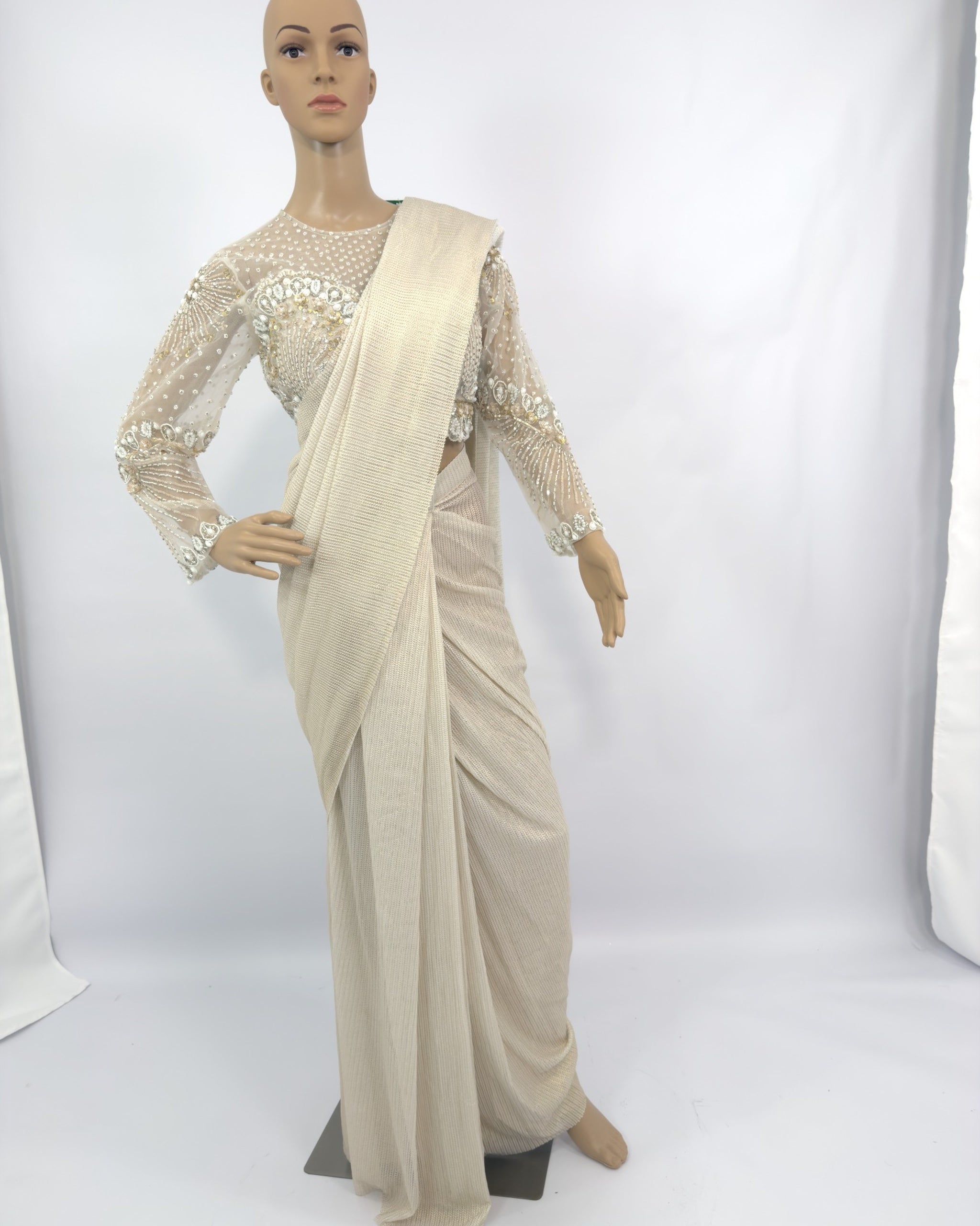 Off-White & Gold Ready-to-Wear Saree with Embellished Blouse